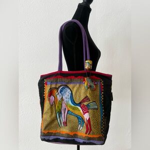 Vintage 90s Laurel Burch colorful wild horses tote bag whimsical colorful